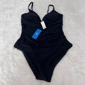 Cupshe Black Ruched V-Neck One Piece Swimsuit ASL9035BB Adjustable Straps Size M